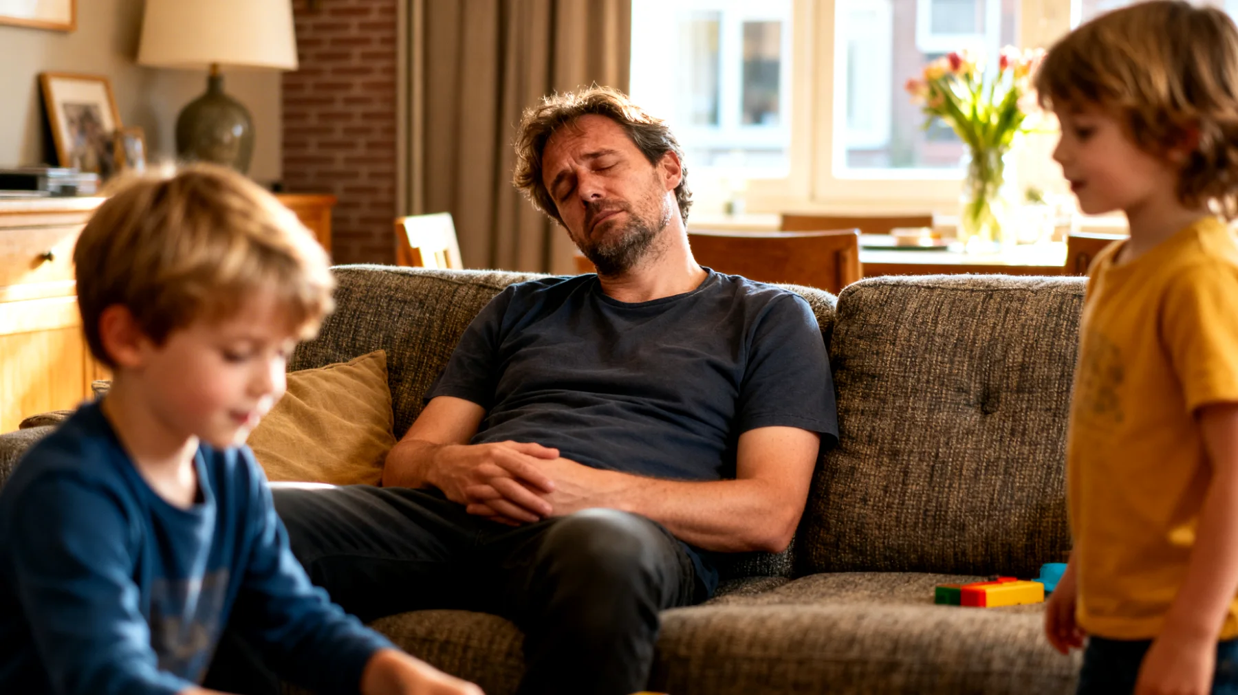 Vader ervaart vermoeidheid en tijdgebrek in de opvoeding van zijn kinderen"